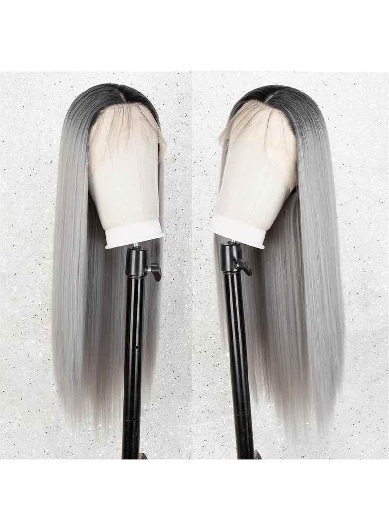 إستيل أومبير رمادي دانتيل أمامي باروكة شعر مستعار صناعي طويل مستقيم للنساء نصف يد 22 بوصة شعر مستعار - Image 3