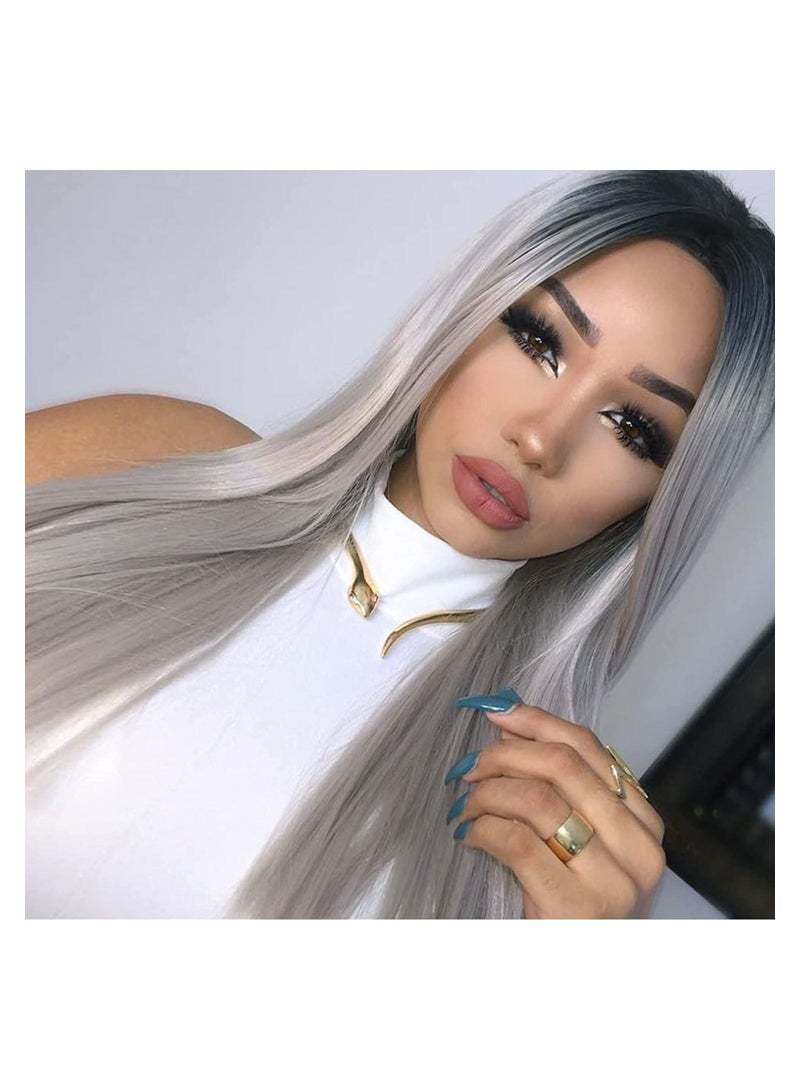 إستيل أومبير رمادي دانتيل أمامي باروكة شعر مستعار صناعي طويل مستقيم للنساء نصف يد 22 بوصة شعر مستعار - Image 1