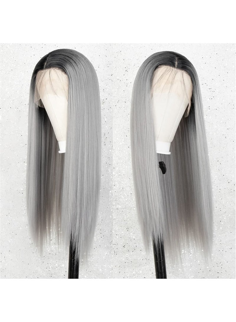 إستيل أومبير رمادي دانتيل أمامي باروكة شعر مستعار صناعي طويل مستقيم للنساء نصف يد 22 بوصة شعر مستعار - Image 4
