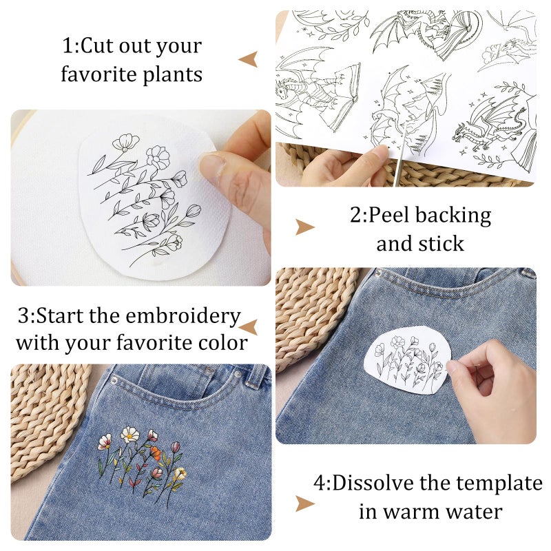 VISSTREE Flower Water Soluble Embroidery Patterns, 4 Sheets Stick and Stitch Embroidery Papers Wash Away, Transfer Paper with Pre-Printed Floral Leaves Designs for Hand Sewing Lovers Beginners DIY Crafts Gifts - Image 3