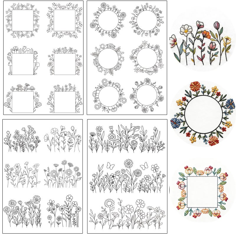 VISSTREE Flower Water Soluble Embroidery Patterns, 4 Sheets Stick and Stitch Embroidery Papers Wash Away, Transfer Paper with Pre-Printed Floral Leaves Designs for Hand Sewing Lovers Beginners DIY Crafts Gifts - Image 1