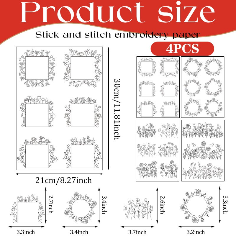 VISSTREE Flower Water Soluble Embroidery Patterns, 4 Sheets Stick and Stitch Embroidery Papers Wash Away, Transfer Paper with Pre-Printed Floral Leaves Designs for Hand Sewing Lovers Beginners DIY Crafts Gifts - Image 2