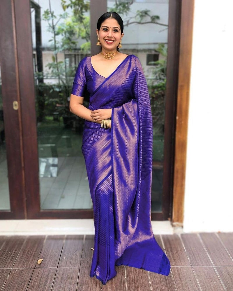SGF11 Women's Kanjivaram Soft Silk Saree With Blouse Piece (Royal Blue) - Image 2
