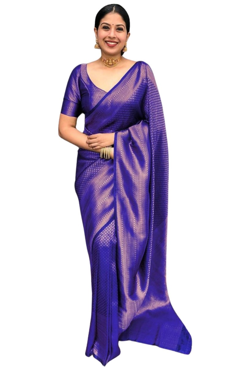 SGF11 Women's Kanjivaram Soft Silk Saree With Blouse Piece (Royal Blue) - Image 1