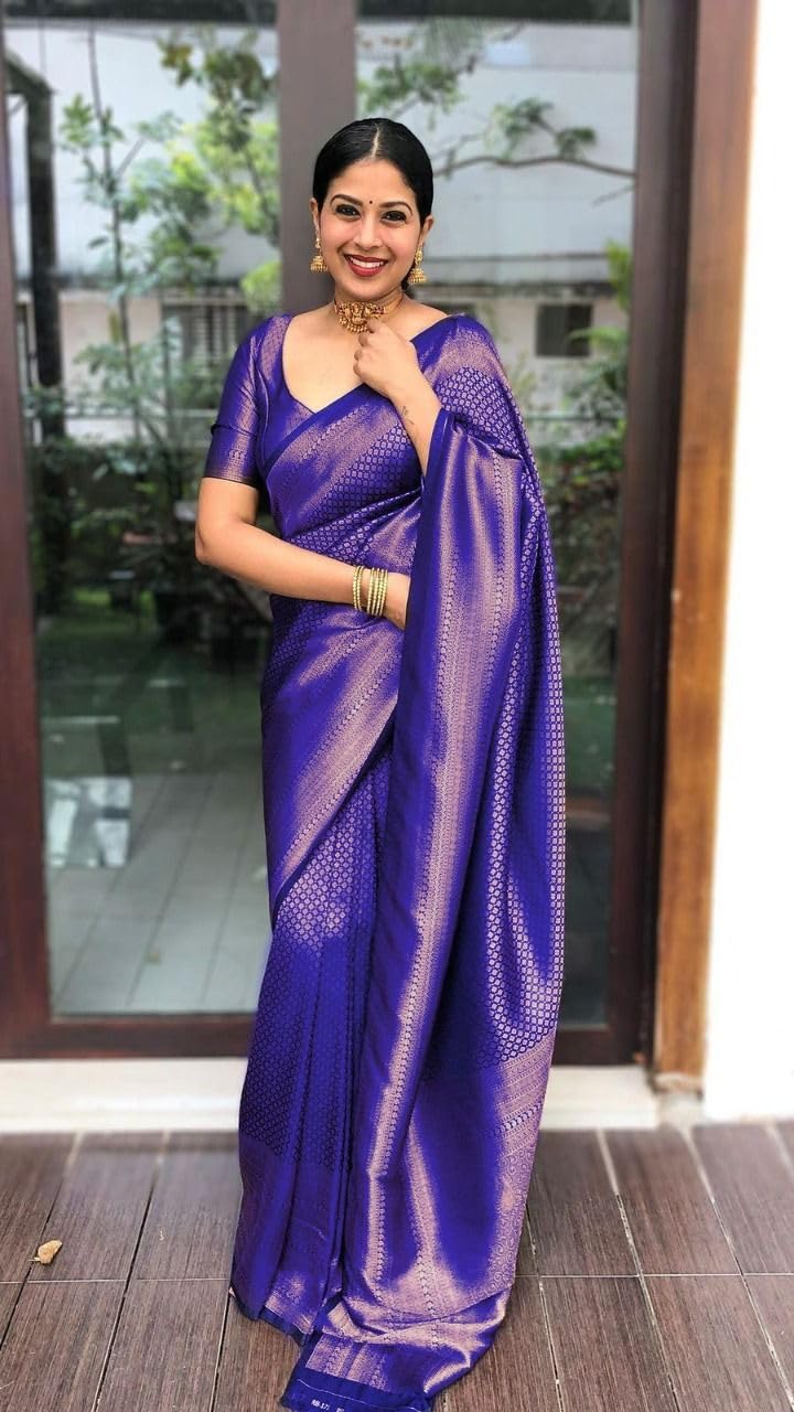 SGF11 Women's Kanjivaram Soft Silk Saree With Blouse Piece (Royal Blue) - Image 4