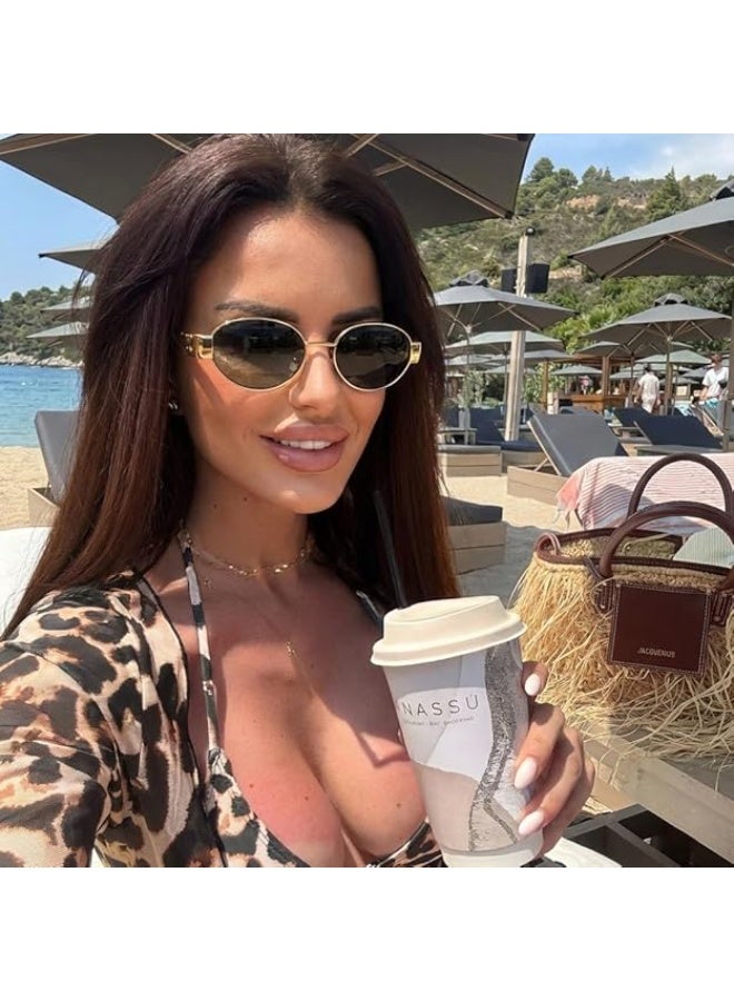 OstWony نظارات شمسية بيضاوية عتيقة للنساء والرجال - نظارات شمسية ذهبية عصرية - ظلال بإطار معدني فاخر - Image 3
