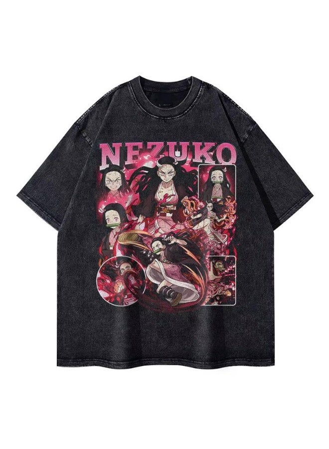 Sparklepals Anime Demon Slayer Kamado Nezuko Washed Retro T-Shirt Street Hip Hop Casual Cotton Summer Short Sleeves - Image 1