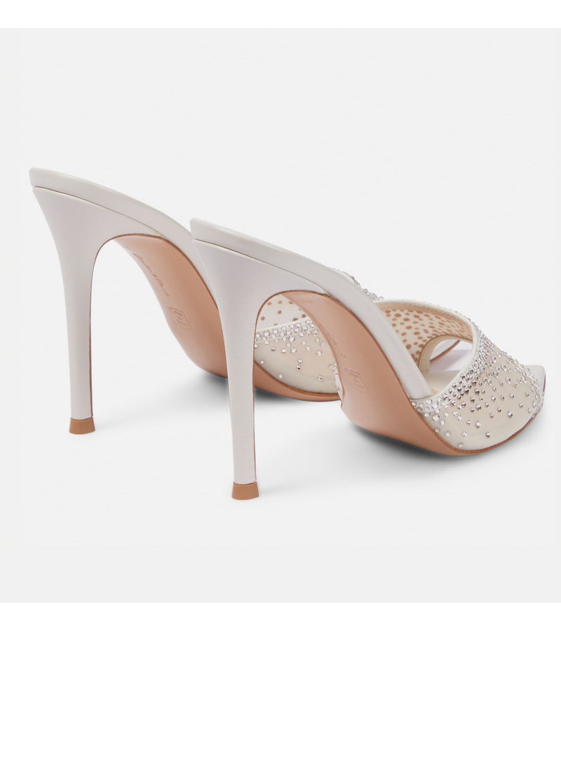 Loquat Women's Rhinestone Pointed Toe One Line Design High Heeled Sandals Stiletto Heel Open Toe Slip On Backless Fashion High Heels Slippers White 7CM  - Image 3