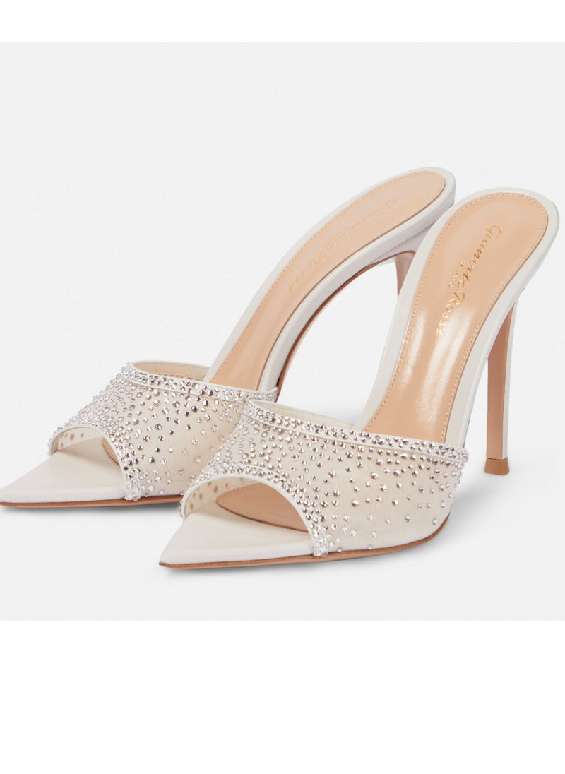 Loquat Women's Rhinestone Pointed Toe One Line Design High Heeled Sandals Stiletto Heel Open Toe Slip On Backless Fashion High Heels Slippers White 7CM  - Image 2