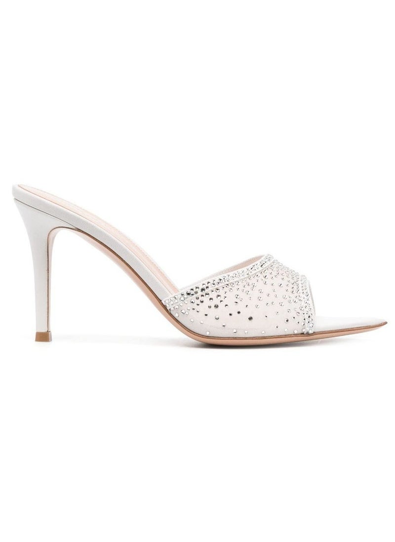 Loquat Women's Rhinestone Pointed Toe One Line Design High Heeled Sandals Stiletto Heel Open Toe Slip On Backless Fashion High Heels Slippers White 7CM  - Image 1