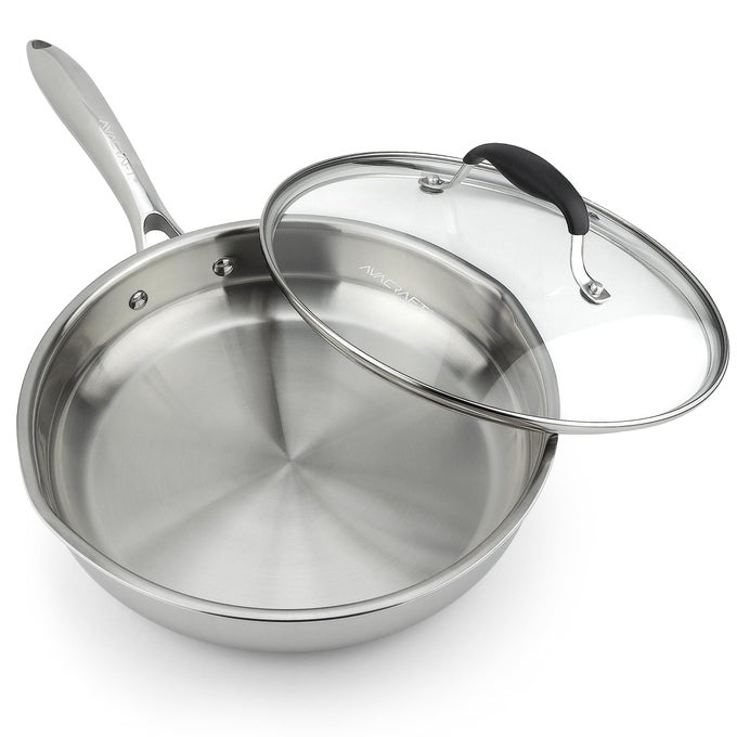 1810 10 INCH STAINLESS STEEL FRYING PAN WITH LID SIDE SPOUTS INDUCTION VERSATILE STAINLESS STEEL SKILLET