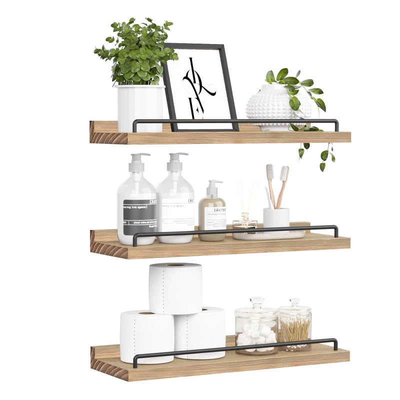 RYOFOBETTO Floating Shelves for Wall Decor Light Brown Wood Shelves for Bathroom Living Room Bedroom Picture Frames Plants Kitchen Set of 3 - Image 2