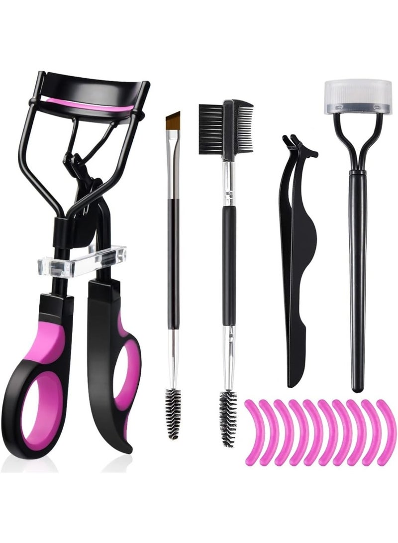 Women's Eyelash Curler Eyebrow Brush Set with Eyelash Curler, Lash Comb Separator, Mascara Brush, Lash Extension Tweezers, Beveled Brow Brush and Comb, 10 Silicone Replacement Pad for Lashes and Eyebrows - Image 1