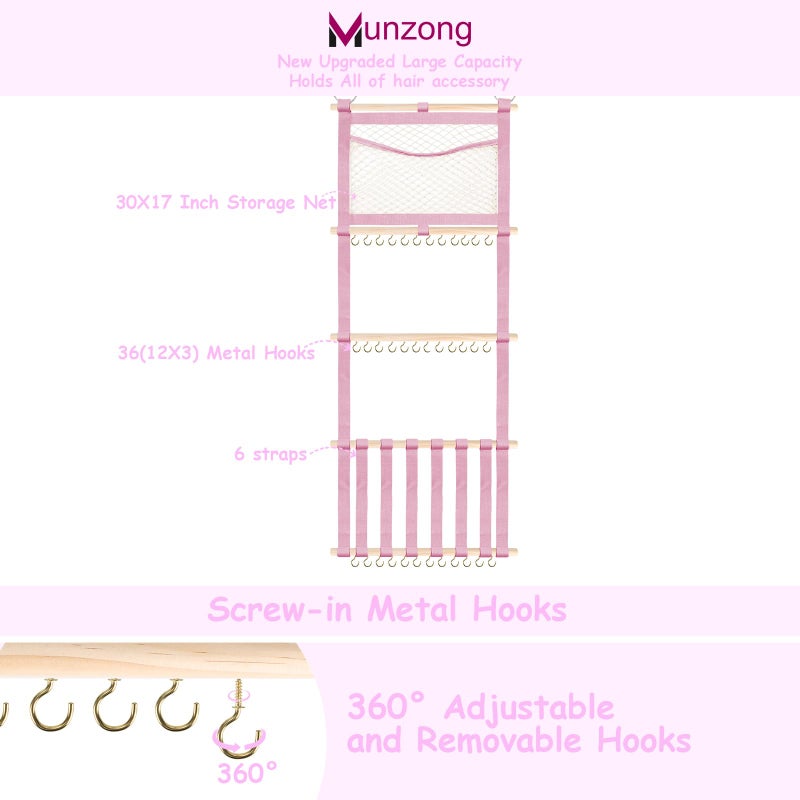 Munzong Headband Holder 52X17 Inch  Pink Hair Bow Clip Organizer For Baby Girls  4 Tier Wall Hanging Headband Shelf W/Mesh Bag  Large Nursery Hair Accessories Storage Hanger For Toddler Women - Image 3