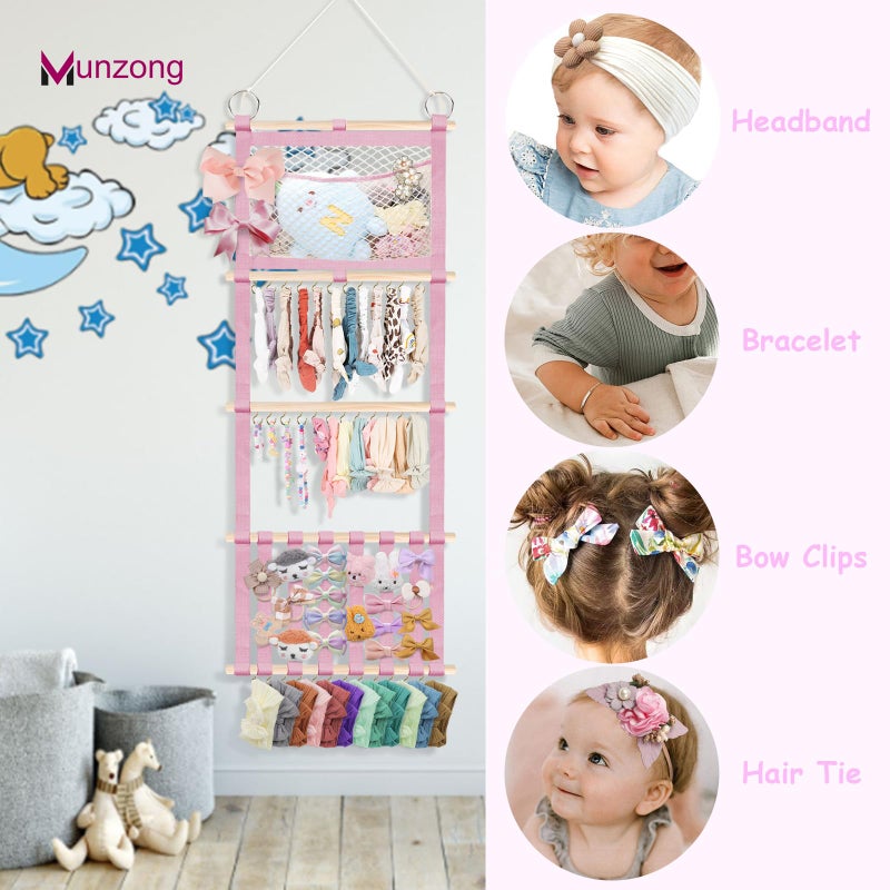 Munzong Headband Holder 52X17 Inch  Pink Hair Bow Clip Organizer For Baby Girls  4 Tier Wall Hanging Headband Shelf W/Mesh Bag  Large Nursery Hair Accessories Storage Hanger For Toddler Women - Image 4
