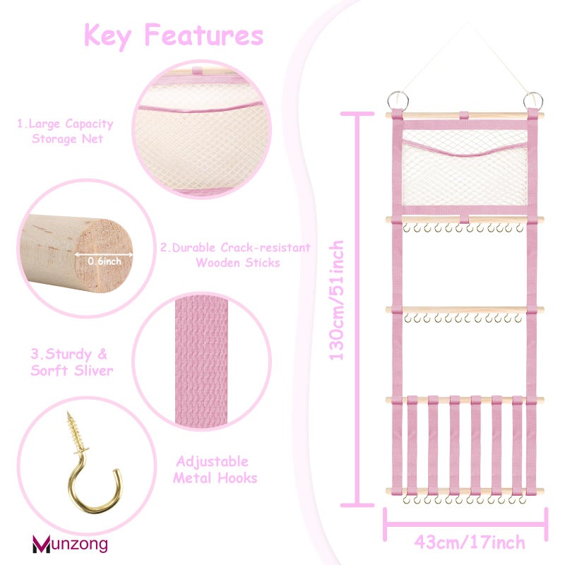 Munzong Headband Holder 52X17 Inch  Pink Hair Bow Clip Organizer For Baby Girls  4 Tier Wall Hanging Headband Shelf W/Mesh Bag  Large Nursery Hair Accessories Storage Hanger For Toddler Women - Image 2