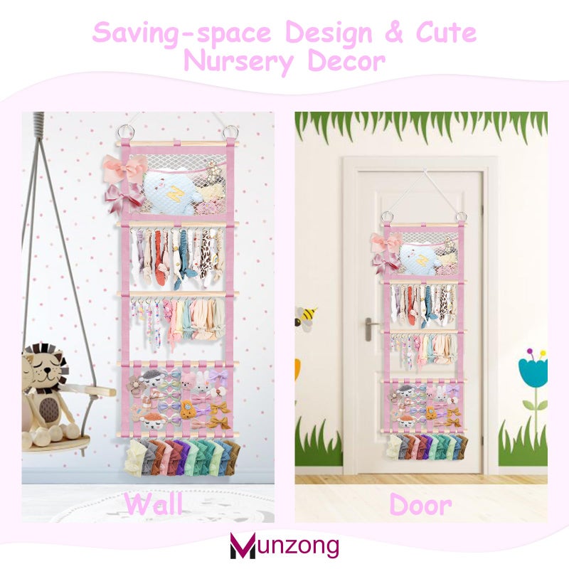 Munzong Headband Holder 52X17 Inch  Pink Hair Bow Clip Organizer For Baby Girls  4 Tier Wall Hanging Headband Shelf W/Mesh Bag  Large Nursery Hair Accessories Storage Hanger For Toddler Women - Image 5