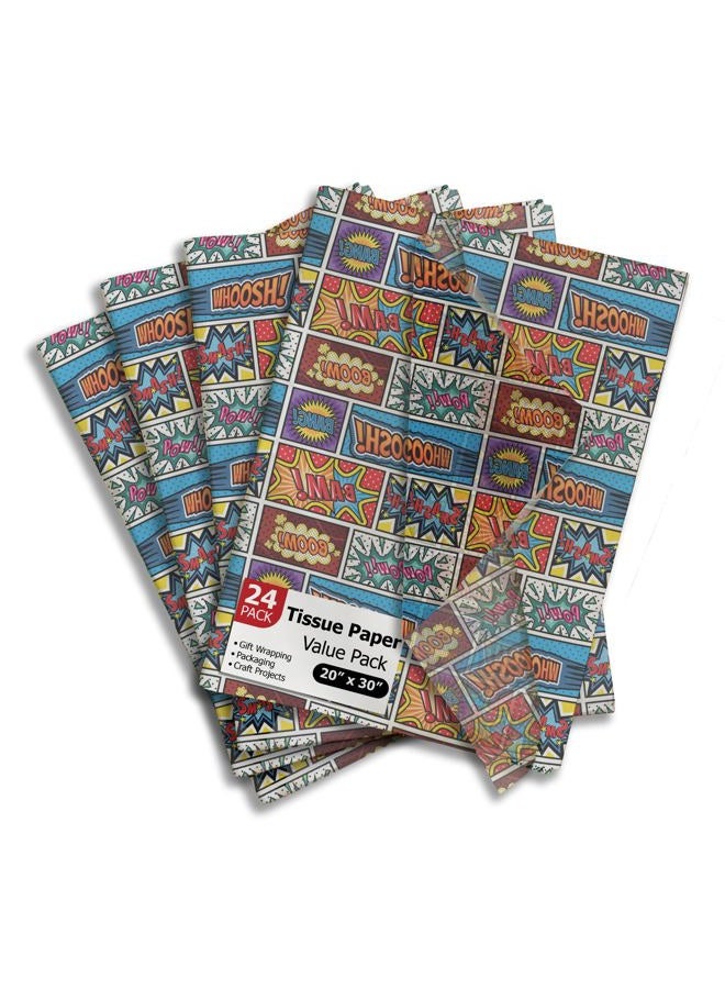Pro Supply Global Superhero Comic Book Printed Tissue Paper - Tissue Paper for Gift Bags - Gift Bag Wrapping Paper - Gift Wrapping Paper - Boy's Tissue Paper | 24 Sheets 20" x 30" - Image 1