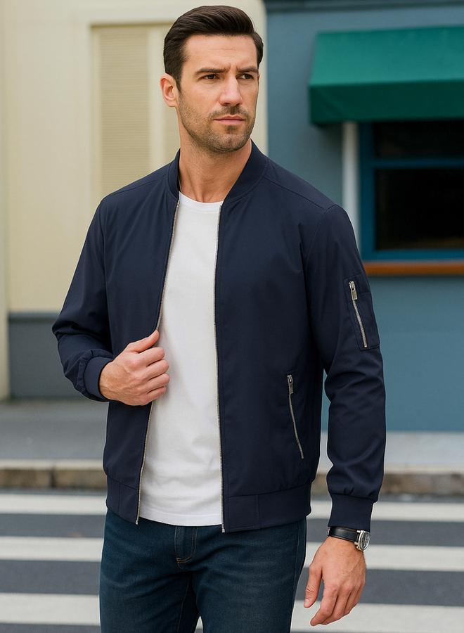 PAUSE Men Navy Blue Zip Detail Bomber Jacket - Image 2