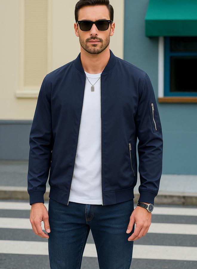 PAUSE Men Navy Blue Zip Detail Bomber Jacket - Image 3