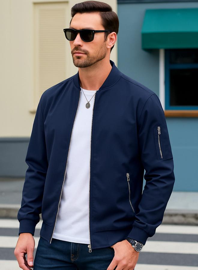 PAUSE Men Navy Blue Zip Detail Bomber Jacket - Image 1