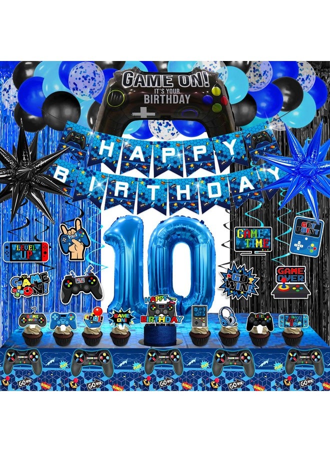 Bluegogo 69Pcs Video Game 10th Birthday Party Decorations, Blue Black level 10 Birthday Decorations Banner Hanging Swirls Balloons Garland Arch Foil Curtains Tablecloth for Boys 10th Birthday Decorations  - Image 1