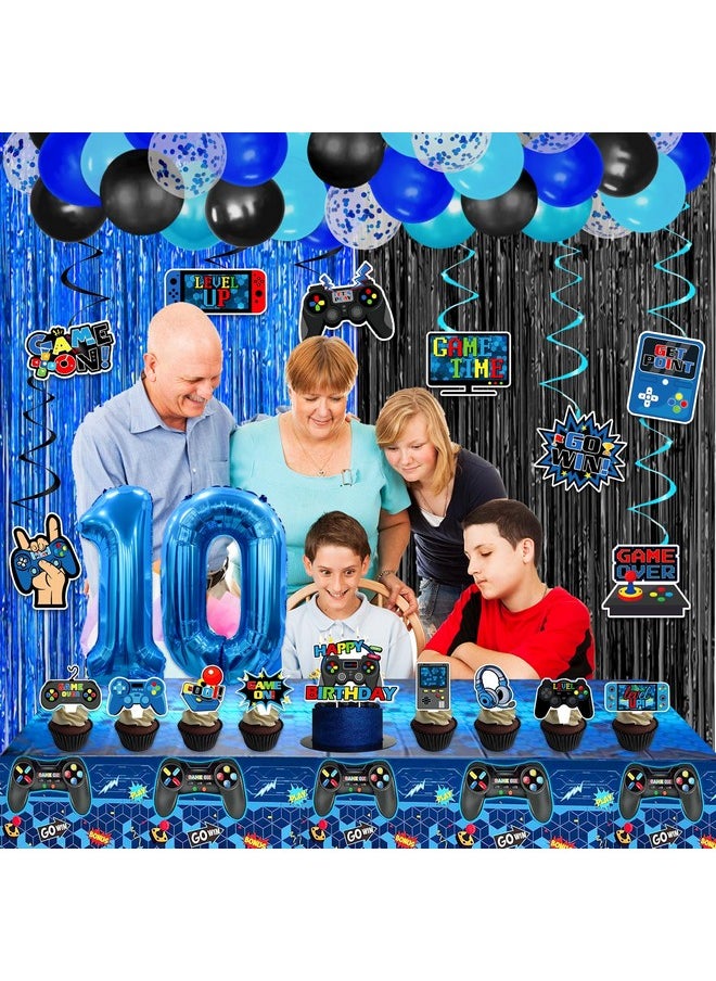 Bluegogo 69Pcs Video Game 10th Birthday Party Decorations, Blue Black level 10 Birthday Decorations Banner Hanging Swirls Balloons Garland Arch Foil Curtains Tablecloth for Boys 10th Birthday Decorations  - Image 3