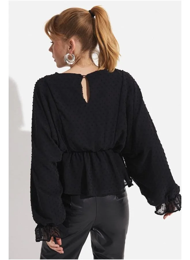 JUNE June Women Crew Neck Flock Printed Woven Blouse Black