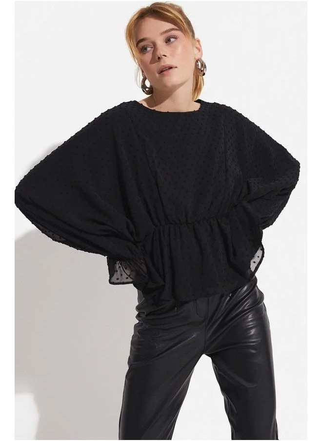 JUNE June Women Crew Neck Flock Printed Woven Blouse Black