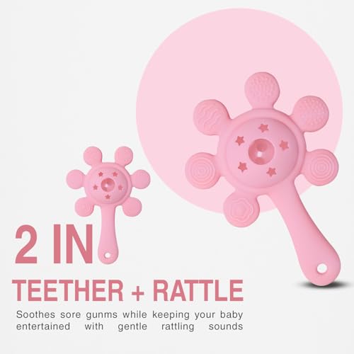 Prplet Silicone Baby Teether & Rattle Toy – Soft & Safe for Infants, BPA-Free, Multi-Texture Design for Teething Relief & Early Development (Pink) - Image 4