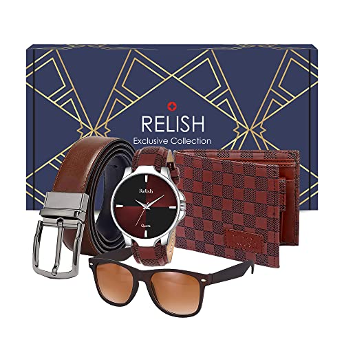 Relish Analogue Men's & Boy's Watch, Belt, Sunglasses and Wallet Combo for Gifts Brown | Diwali Gift | Gift for Mens - Image 1