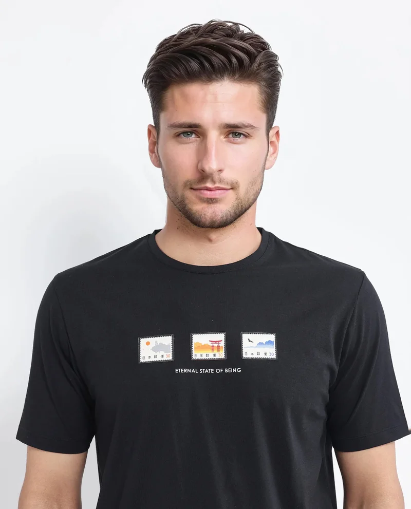 Rare Rabbit Men's Label Print Regular Fit T-Shirt