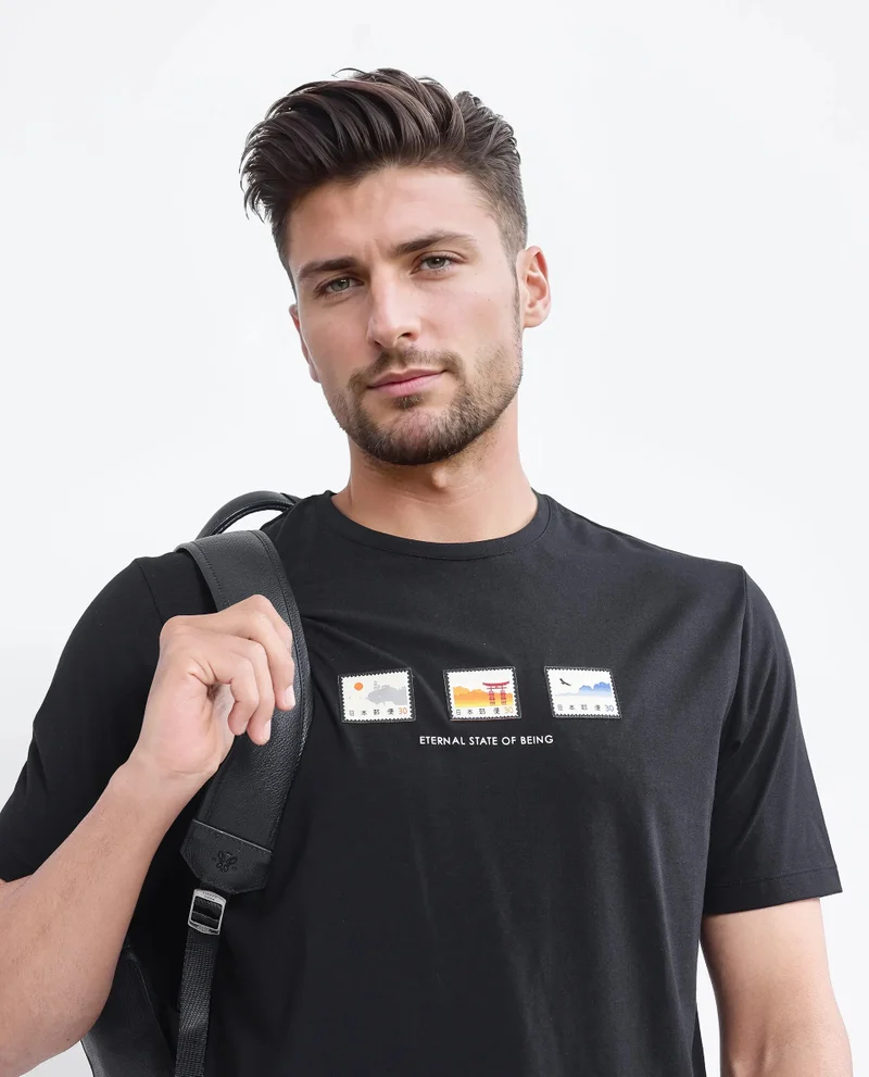 Rare Rabbit Men's Label Print Regular Fit T-Shirt