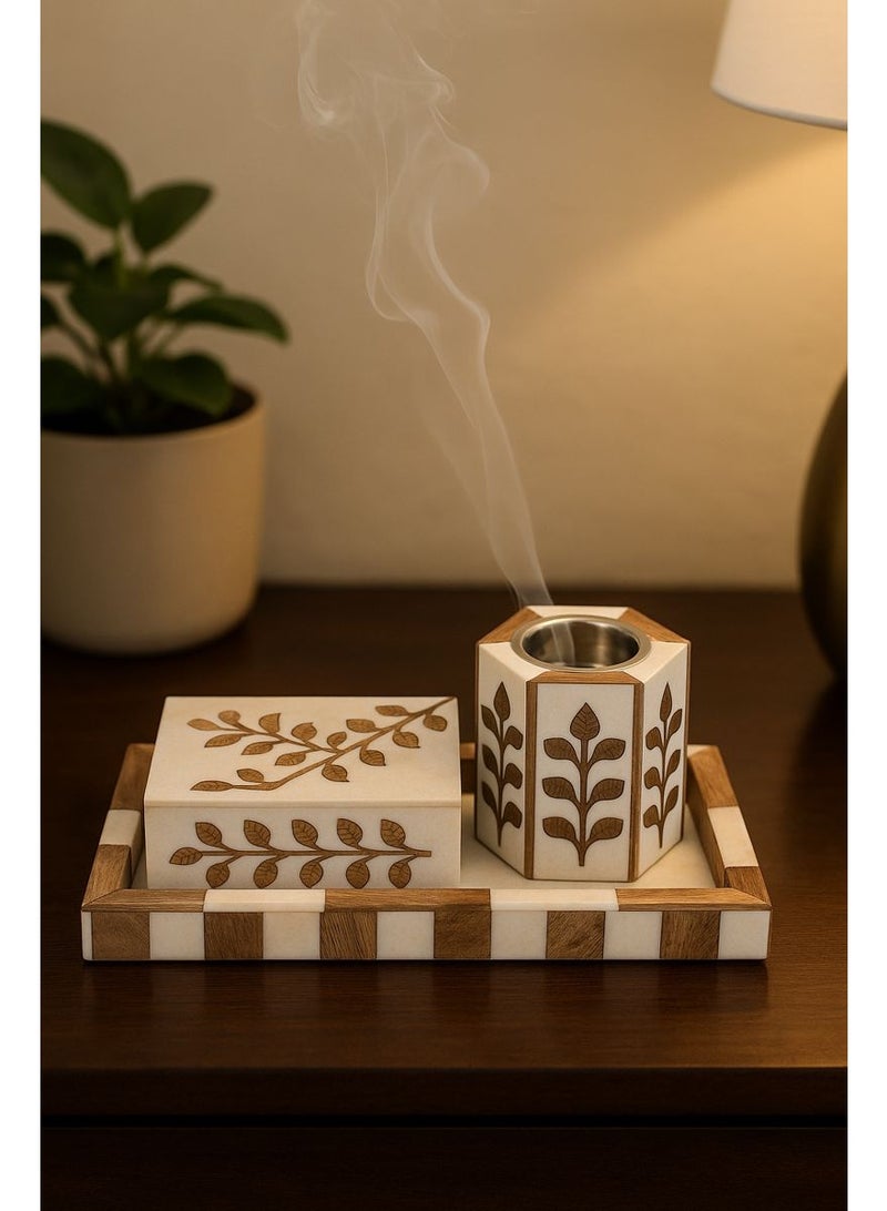 طقم مبخرة خشبي مزخرف فاخر بثلاث قطع - Image 1