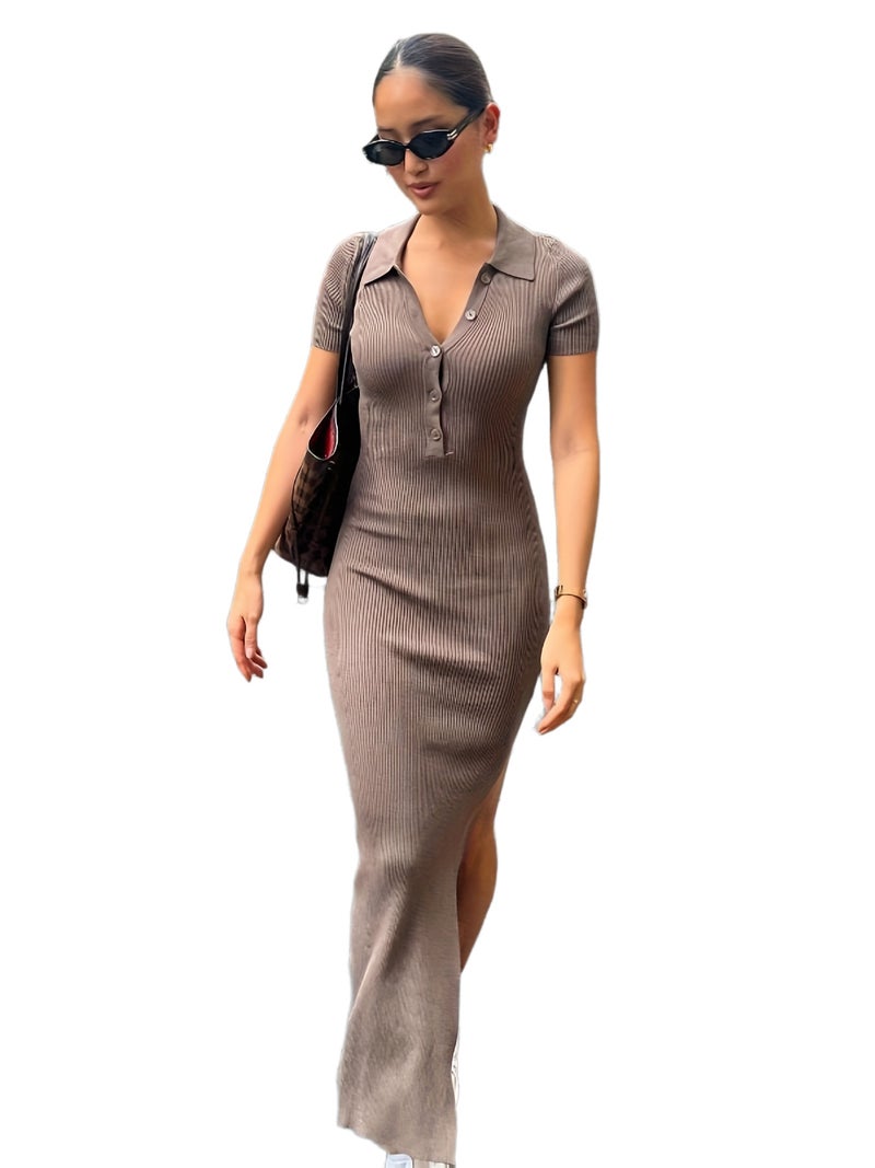 Women Elegance Neck Button Short Sleeve Rib Split Long Dress - Image 1