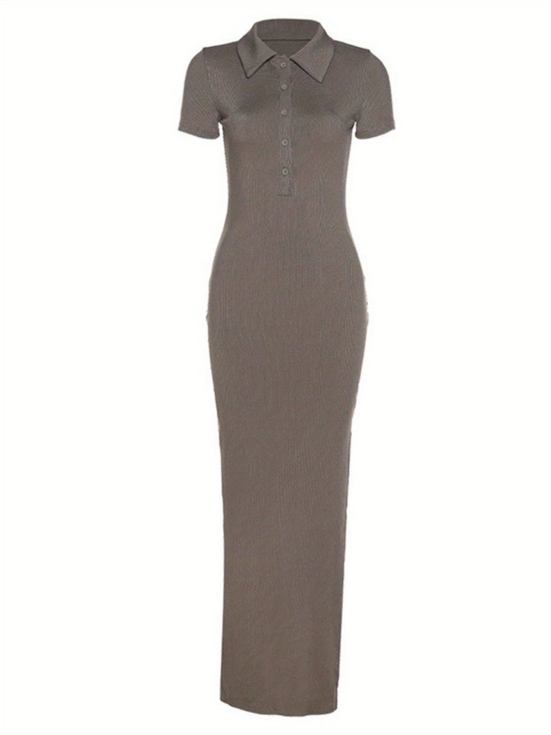 Women Elegance Neck Button Short Sleeve Rib Split Long Dress - Image 4