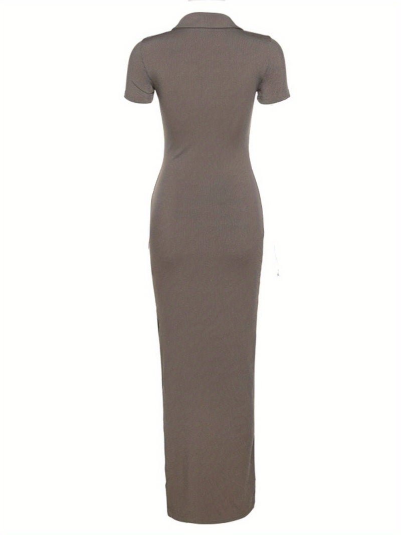 Women Elegance Neck Button Short Sleeve Rib Split Long Dress - Image 5