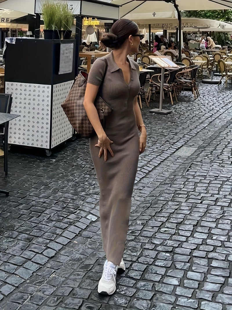 Women Elegance Neck Button Short Sleeve Rib Split Long Dress - Image 2
