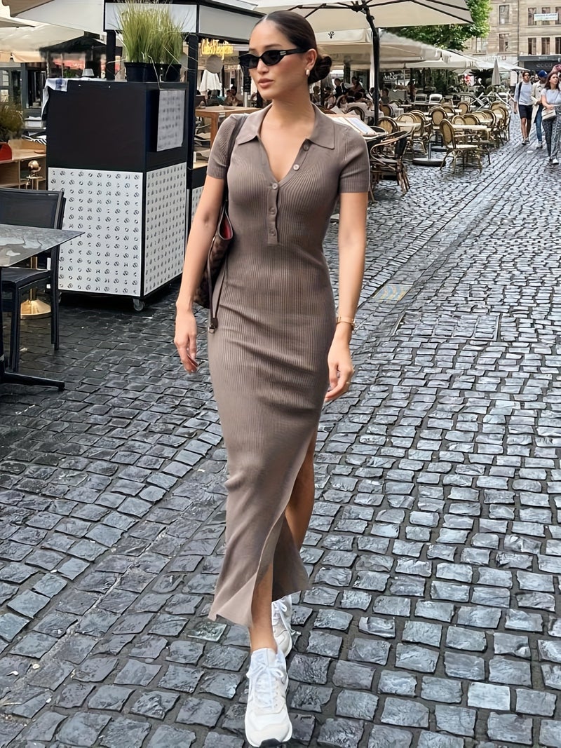 Women Elegance Neck Button Short Sleeve Rib Split Long Dress - Image 3