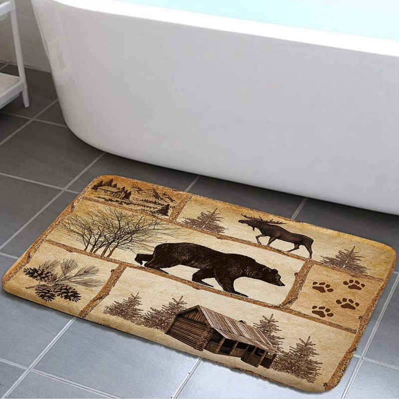 Bzhilja Rustic Cabin Bath Rug Farmhouse Country Antique Bear Moose Forest Vintage Wood Decor Non Slip Bath MatsHunting Camping Bath Rug Sets for Bathroom Bedroom Kitchen Outdoor Indoor 17x29 Inch - Image 2