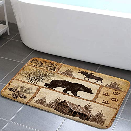 Bzhilja Rustic Cabin Bath Rug Farmhouse Country Antique Bear Moose Forest Vintage Wood Decor Non Slip Bath MatsHunting Camping Bath Rug Sets for Bathroom Bedroom Kitchen Outdoor Indoor 17x29 Inch - Image 1