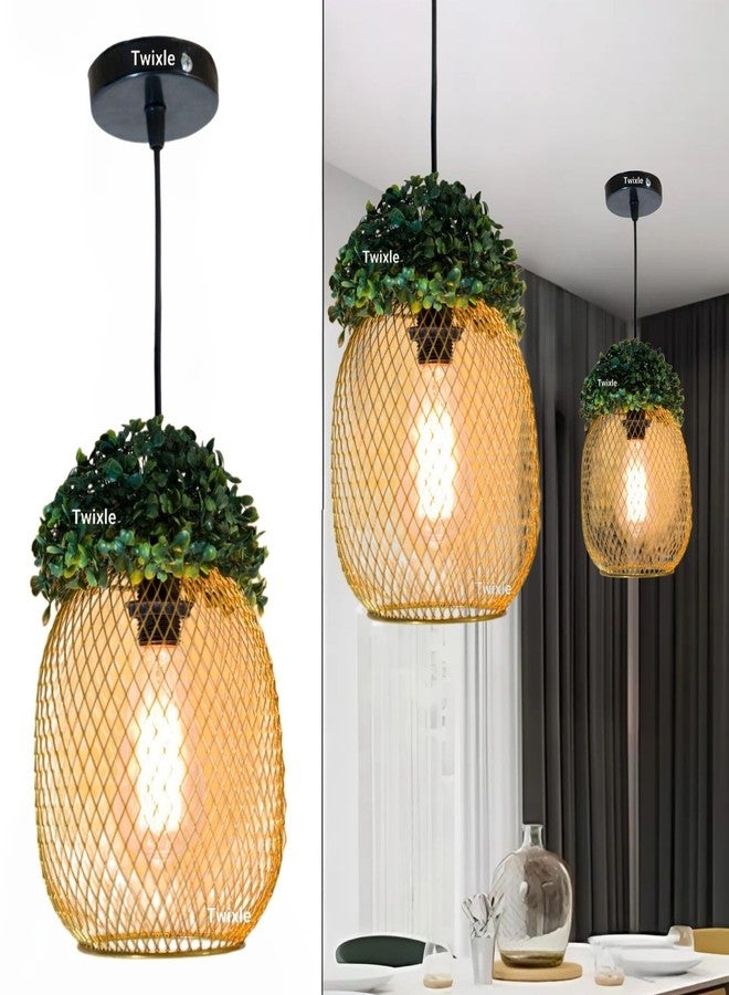 twixle Pack of 1 Metal Golden Green Grass Ceiling Hanging Light, 1 Lamp, for Gardens Balcony Dining Table, Living Room, Bedroom, Office, Cafe, Restaurant (with Bulb) - Image 1