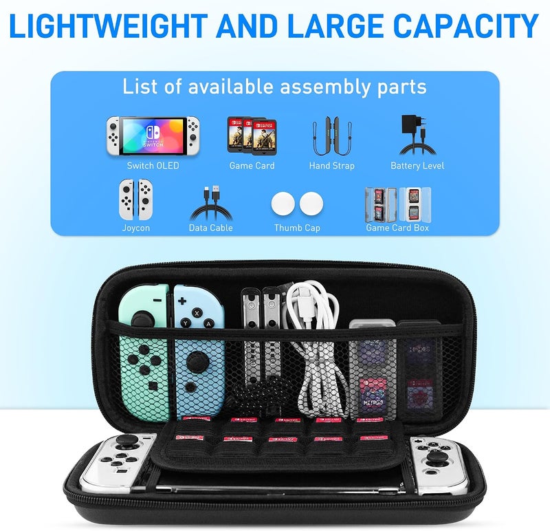 GLDRAM Black Carrying Case for Nintendo Switch OLED Model, 11 in 1 Accessories Bundle with Portable Switch OLED Travel Case, Clear Protective Skin Shell, 2 Mini Game Card Case & 6 Thumb Caps - Image 2
