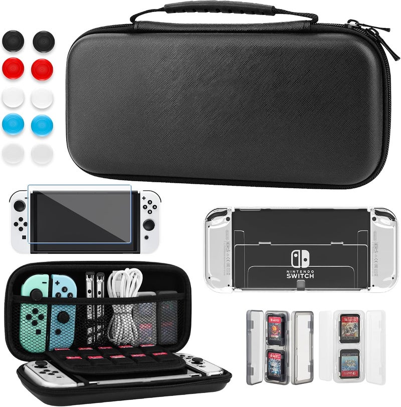 GLDRAM Black Carrying Case for Nintendo Switch OLED Model, 11 in 1 Accessories Bundle with Portable Switch OLED Travel Case, Clear Protective Skin Shell, 2 Mini Game Card Case & 6 Thumb Caps - Image 1