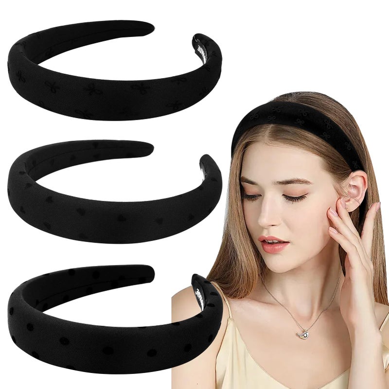 ZLSPTK 3Pcs Padded Headband for Women Girls Black Headband Set Non Slip Heart Polka Dot Bow Hairbands Cute Soft Puffy Hair Band Fashion Headbands for Long Short Thick Thin Curly Hair Accessories Gifts - Image 2