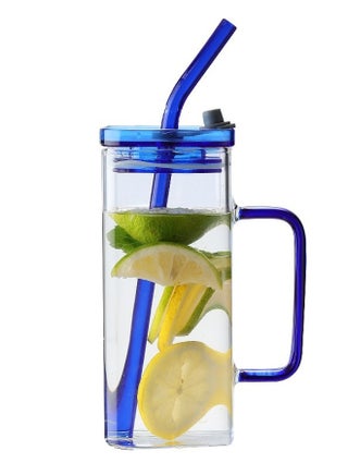 Glass Coffee Cups with Plastic Lid and Straw 400ml, Drinking Cups for Juice, Iced Drinks, Cocktails, Home and Travel (Blue) (Pack of 1) - pzsku/ZBAD205BB7F02BB2E4406Z/45/1748072573/30468d81-c5ee-474c-a562-a86da706fe12