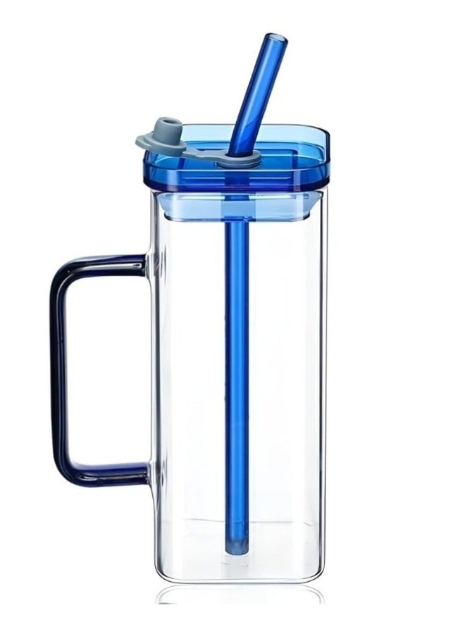 Glass Coffee Cups with Plastic Lid and Straw 400ml, Drinking Cups for Juice, Iced Drinks, Cocktails, Home and Travel (Blue) (Pack of 1)