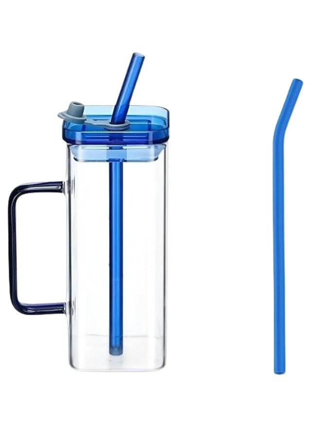 Glass Coffee Cups with Plastic Lid and Straw 400ml, Drinking Cups for Juice, Iced Drinks, Cocktails, Home and Travel (Blue) (Pack of 1)