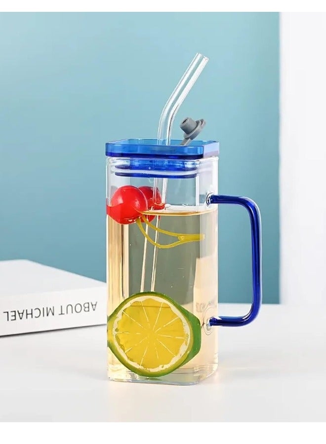 Glass Coffee Cups with Plastic Lid and Straw 400ml, Drinking Cups for Juice, Iced Drinks, Cocktails, Home and Travel (Blue) (Pack of 1)