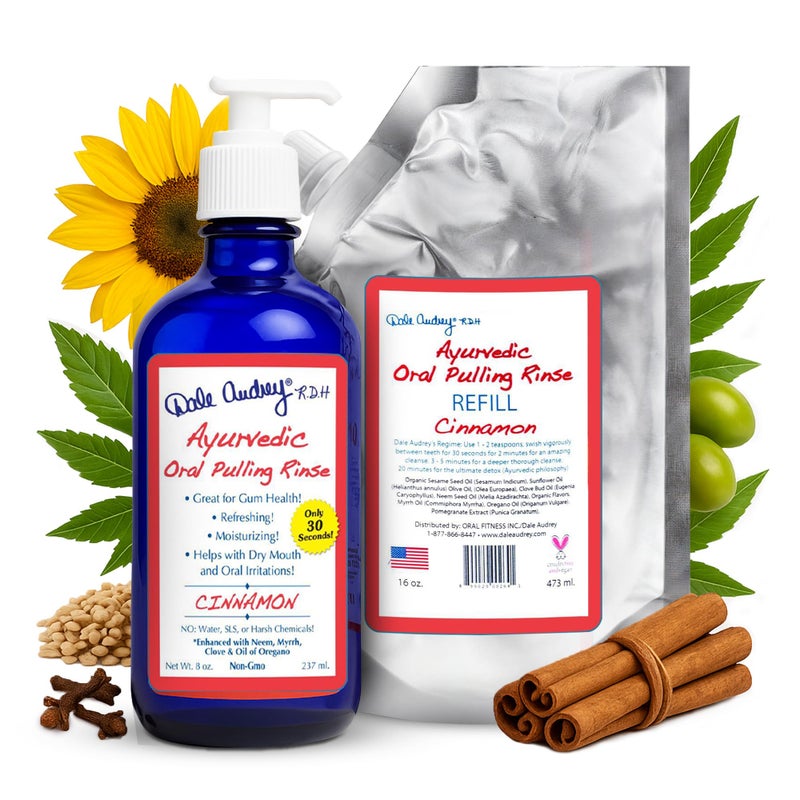 Dale Audrey Natural Oil Pulling for Teeth and Gums Cinnamon Flavored Oral Rinse Mouthwash for Bad Breath Organic Essential Oil for Teeth Whitening Gum Health Cobalt Glass Bottle with Refill Pouch16 FL Oz - Image 3